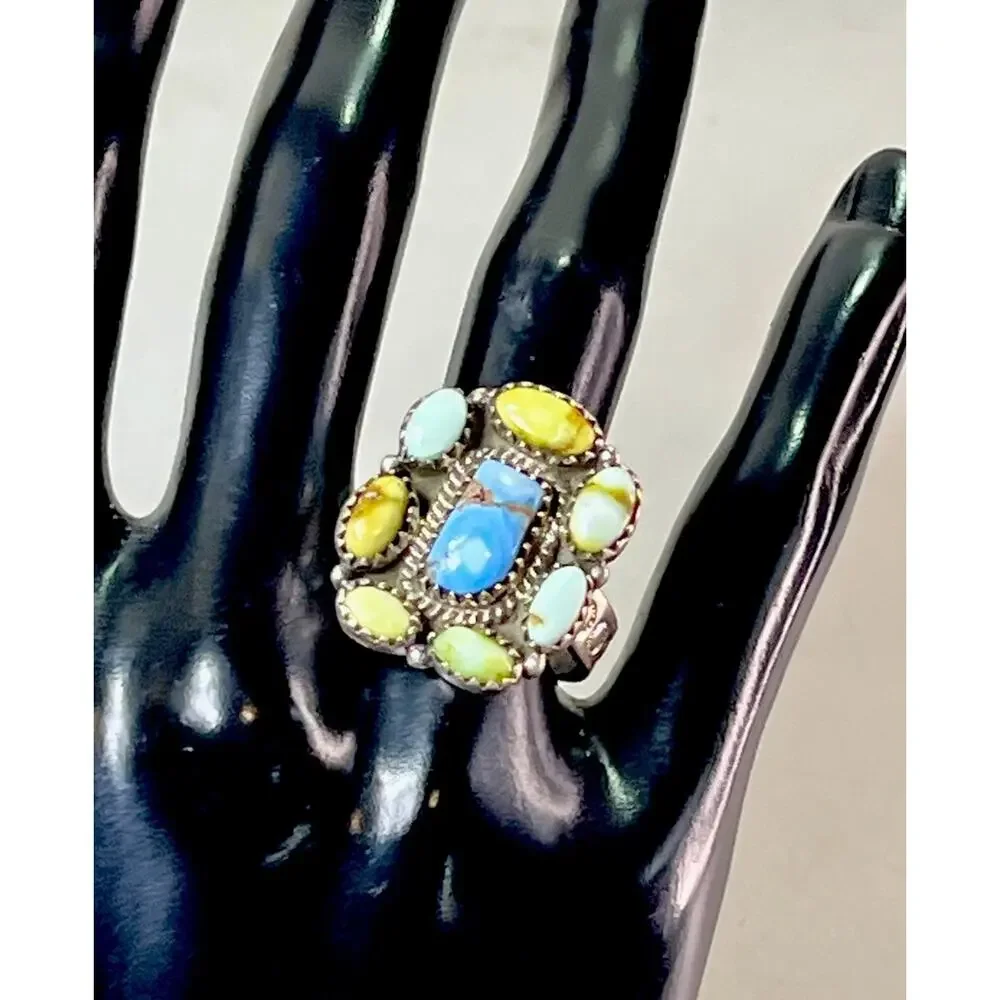 Southwestern Sterling Silver Mixed Turquoise Cluster Statement Ring Adjust Size